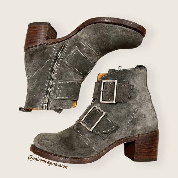 $399 Frye Sabrina Double Buckle Academia Grey Suede Leather Block Heel AnkleBoot - Picture 11 of 16